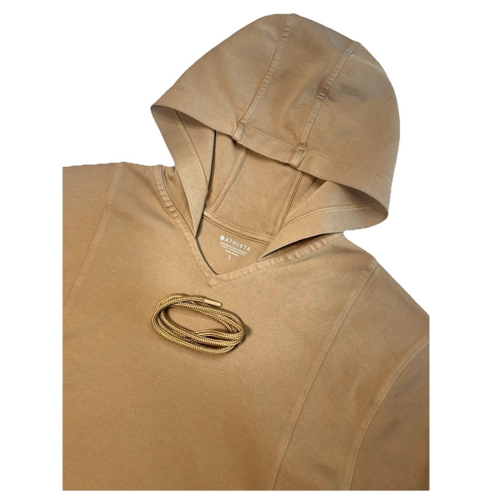 Athleta Hooded Pullover Sweatshirt Womens Small Tan Drawstring Athleisure Hoodie